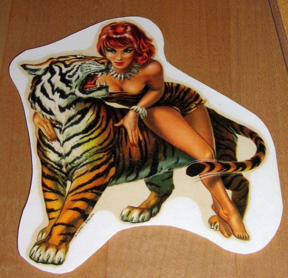 ORIGINAL 60s waterslide decal sexy pinup jungle girl w/tiger Vespa 