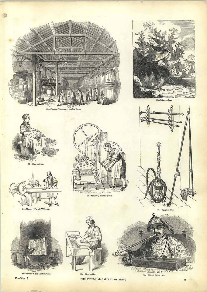 Old Engravings Tobacco Warehouse Kiln Opium Pipe Pigtail Cigar Factory