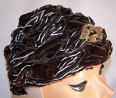 Vintage 1960s Mc Curdys Brown Velvet Gold Brooch Pin Wrapped Turban 