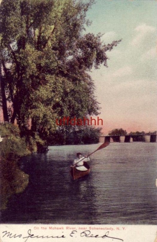 PRE 1907 ON THE MOHAWK RIVER near SCHENECTADY, NY woman paddling canoe