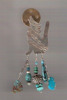   Silver & Turquoise Pin Signed MJ   Wolf Coyote Howling at Moon