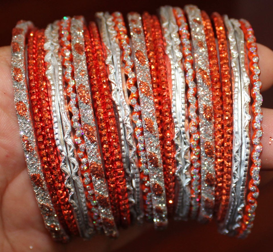 44 Orange and Silver Indian Bangles   Used costume jewelry