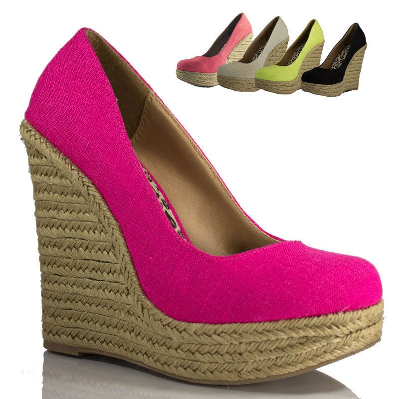 Delicious Shoes Linen Espadrille Platform Wedge NEON Colors Round Toe 