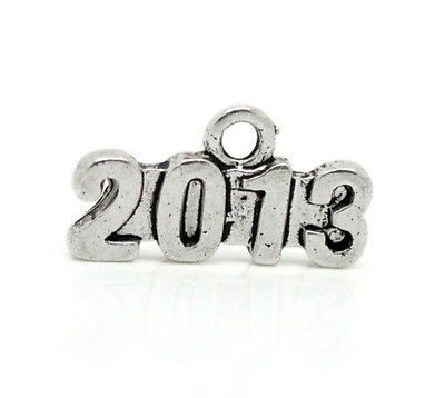 30PCs Silver Tone Number Year 2013 Charm Pendants 15x8mm(5/8x3/8)