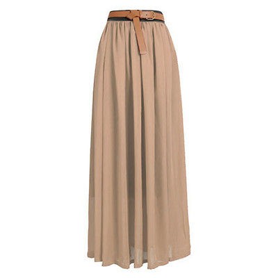 MT Women Double Layer Chiffon Pleated Retro Long Elastic Waist Maxi 