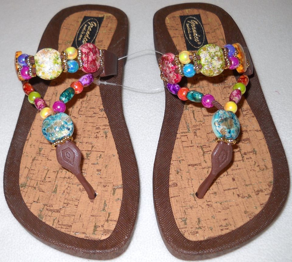 GRANDCO DRESSY Beach Pool SLIDE BLING Brown Beaded Jeweled Sandals 