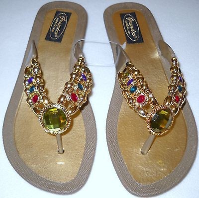 GRANDCO DRESSY Beach Pool THONG Black BLING GEMSTONE Jeweled Sandals 