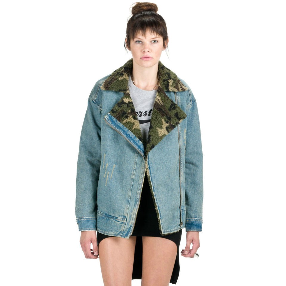   ARMY CAMOUFLAGE MOTO COLLAR SHEARLING OVERSIZED DENIM JACKET COAT SML