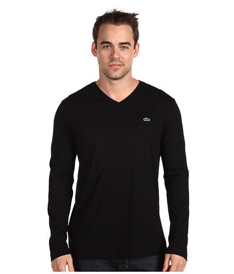 Lacoste Long Sleeve Pima Jersey V Neck T Shirt Black White Gator 