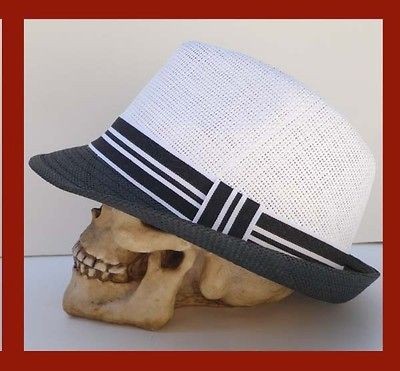 BRAND NEW COOL WHITE * STRAW SUMMER FEDORA SUN HAT WITH BLACK BRIM CAP 