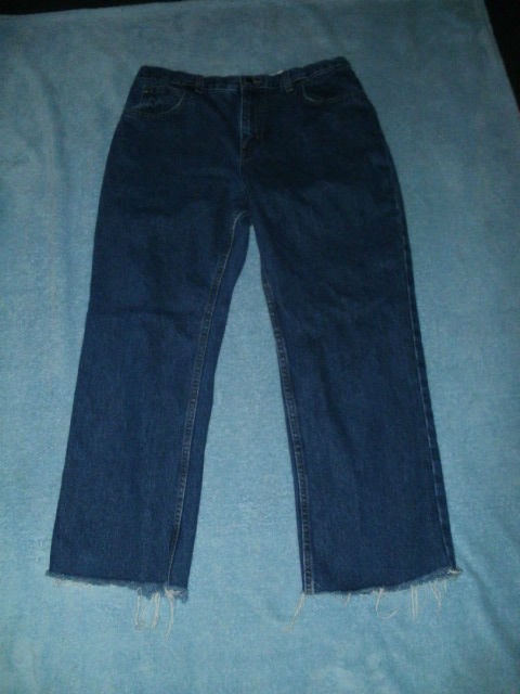 PENMANS 14 MID rise hem cut off RELAXED blue washed frayed jeans 33x26