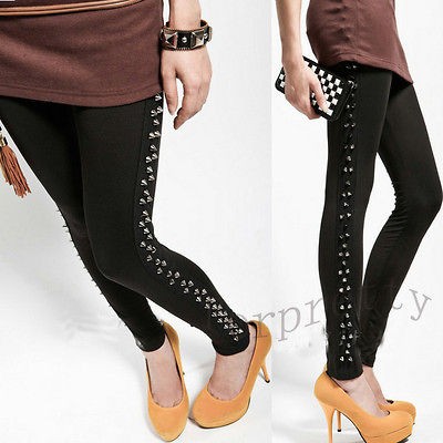 Woman Rock Punk Side Rivet Studs Spike Leggings Legwear Tights K531