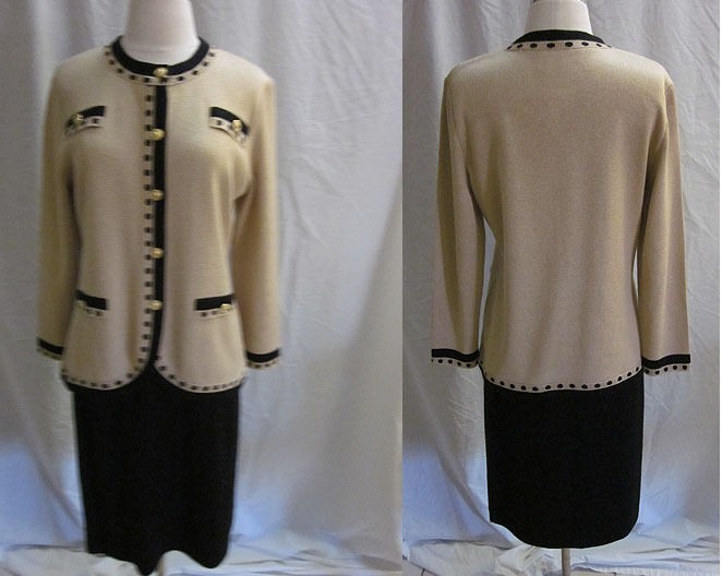   VINTAGE MITA KNIT 2PCS BLACK SKIRT GOLD CARDIGAN SWEATER SUIT SIZE 6P