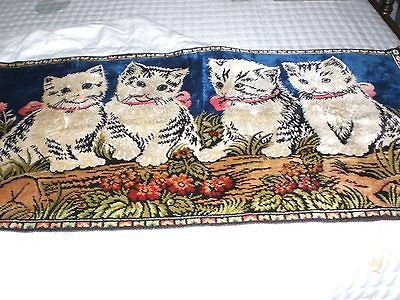 Vintage Tapestry of 4 Kittens stripped with a royal blue background