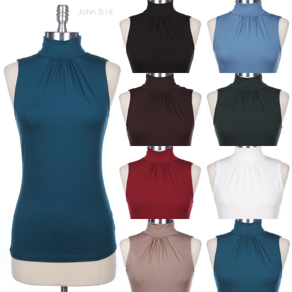 Sleeveless Solid Plain Ruched Front Turtleneck Tank Top Stretch Casual 