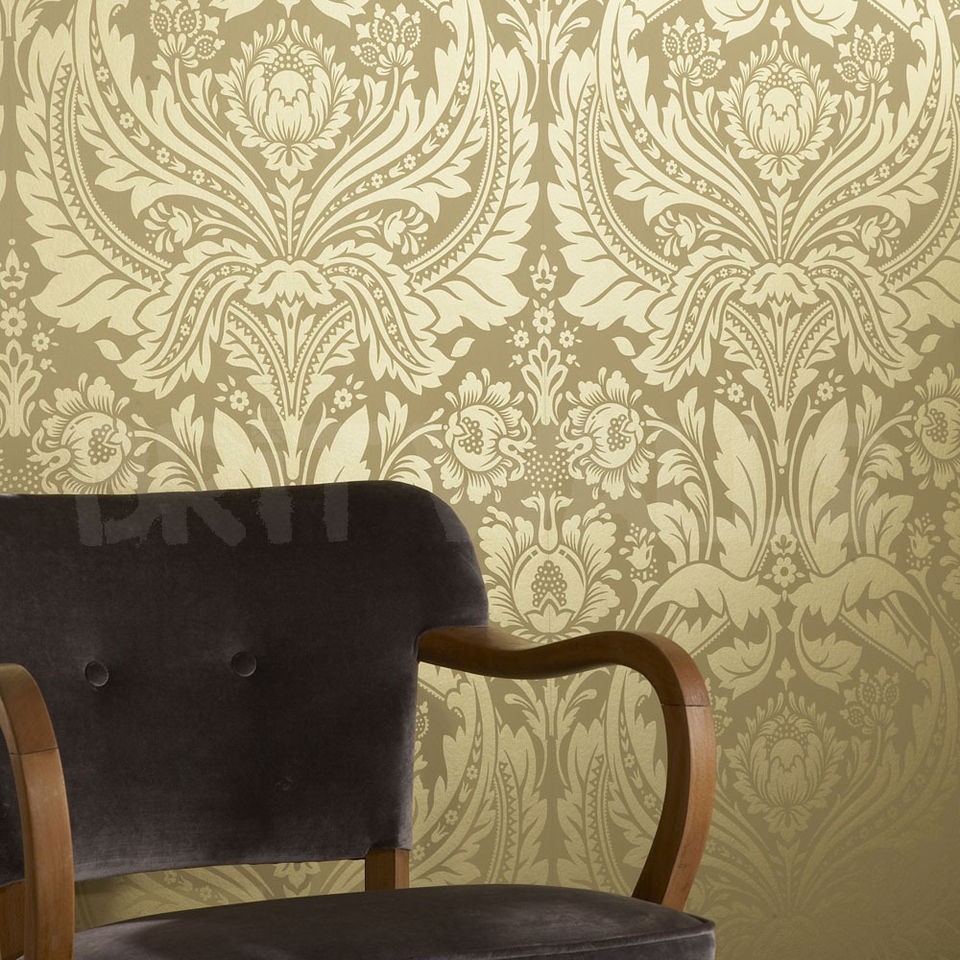 Grandeur Damask Wallpaper, Mustard / Yellow and Gold Metallic colour