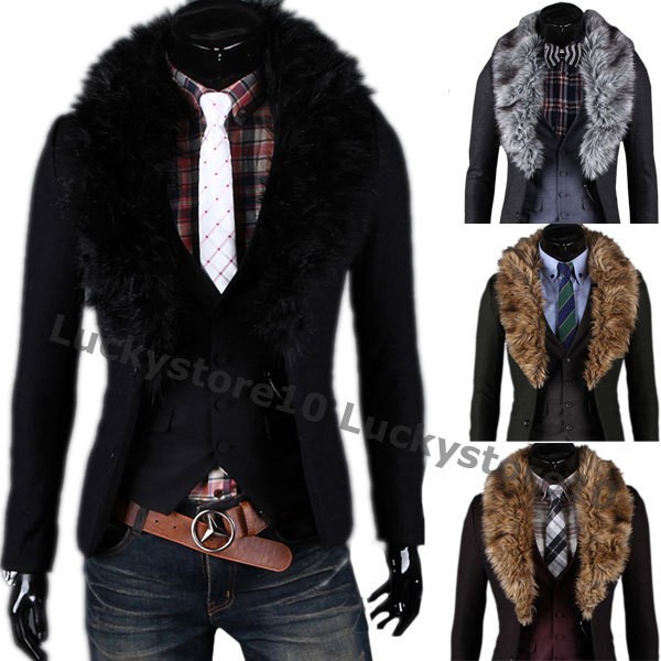   Mens Fashion Slim Two Buttons Fur Collar Suit Blazer Coat Jacket M2033