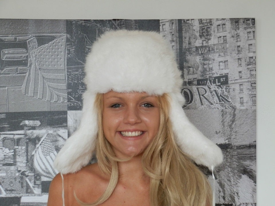 GENUINE RABBIT FUR USHANKA RUSSIAN TRAPPER HAT WHITE