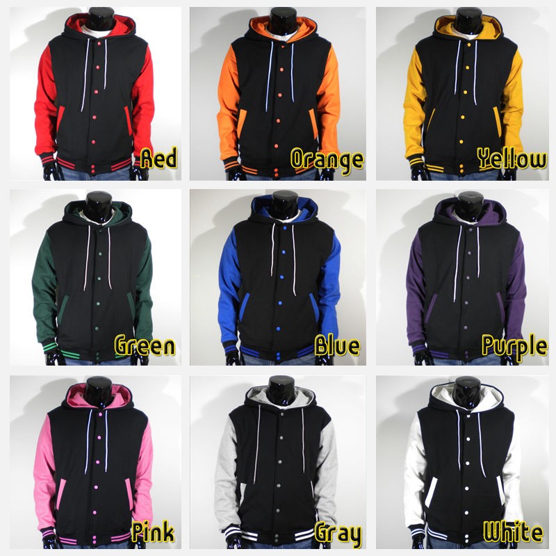 Mens New Varsity Letterman Hoodie Baseball Jacket (Black / S,M,L,XL 