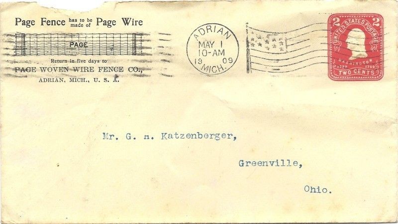 Page Woven Wire Fence Adrian Michigan Envelope 1909