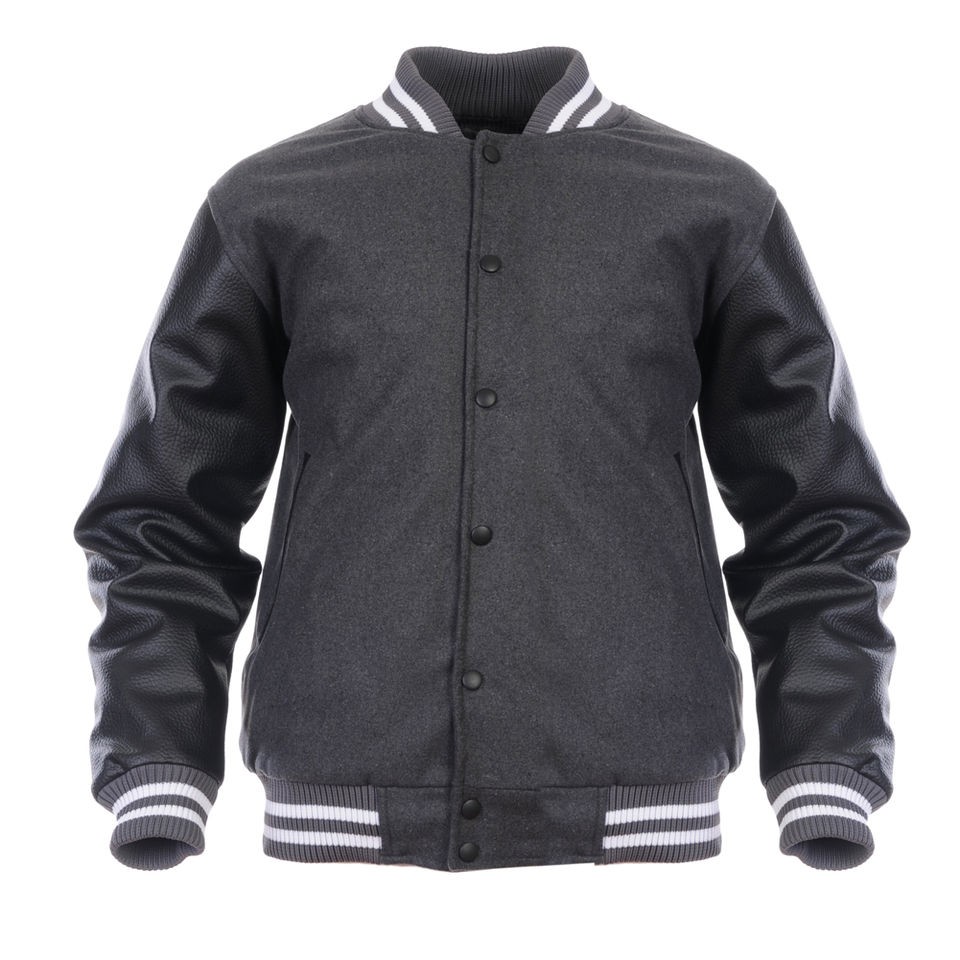 GRAY BLK VARSITY LETTERMAN WOOL LEATHER STADIUM JACKET