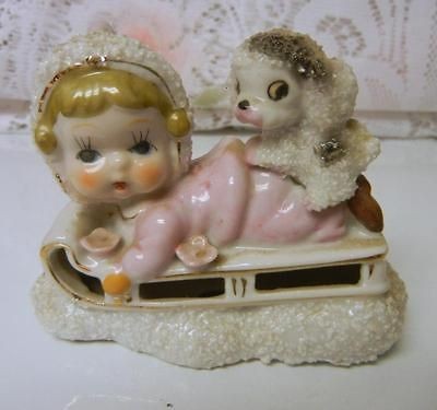 Vintage Porcelain Spaghetti Figurine Girl & Dog on Sleighs Japan 