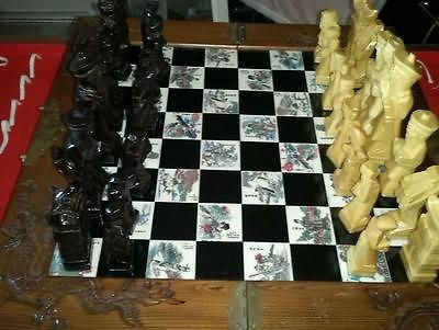 VINTAGE CHINESE CHESS SET HAND CARVED WOOD CASE AND FIGURES CHINESE 
