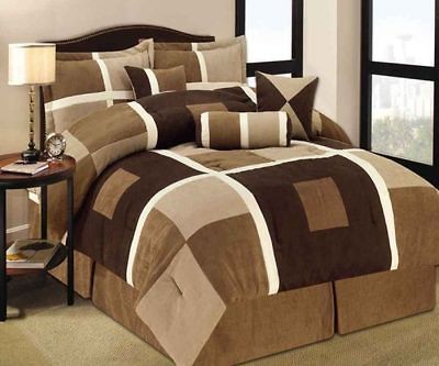   SIZE CHOCOLATE BROWN MOCHA TAUPE GEOMETRIC BLOCK SUEDE COMFORTER SET