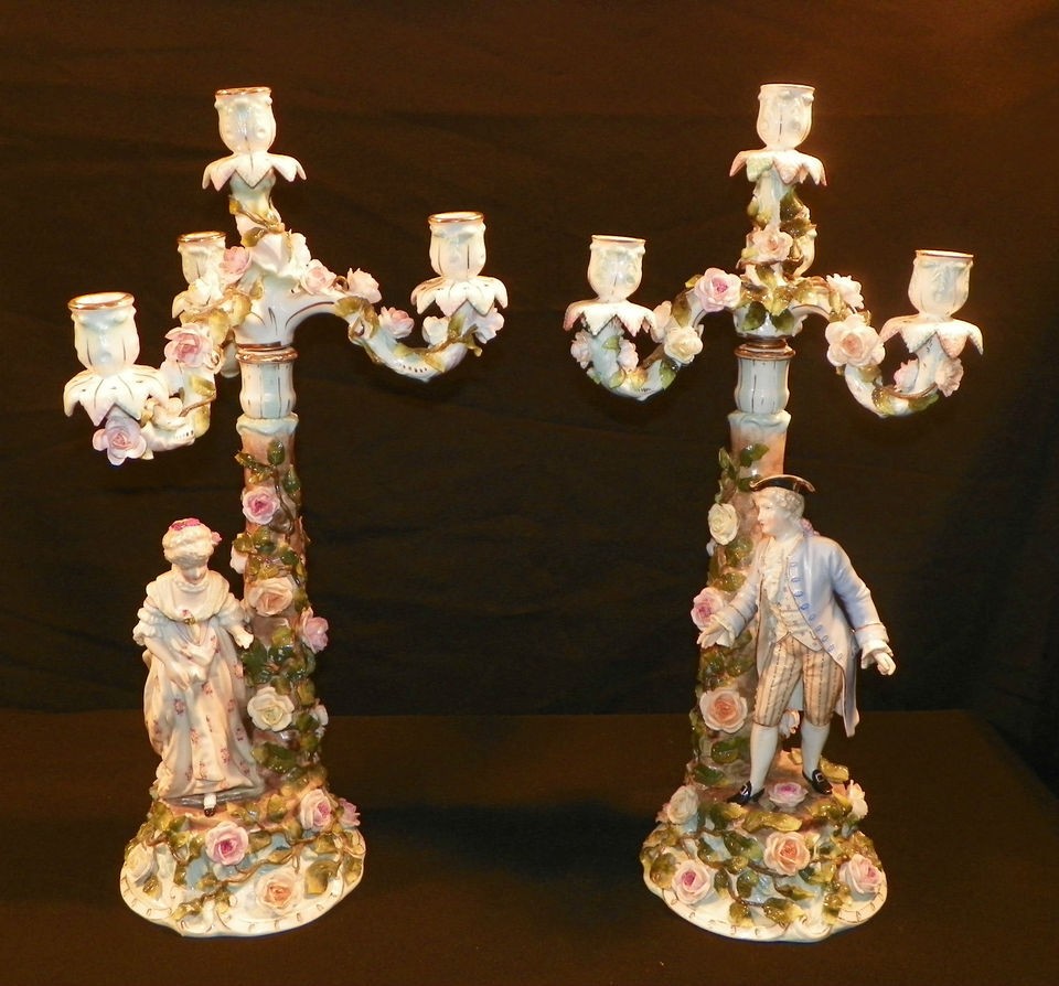 Pair of Large German Dresden Porcelain Candelabras. Circa 1890.