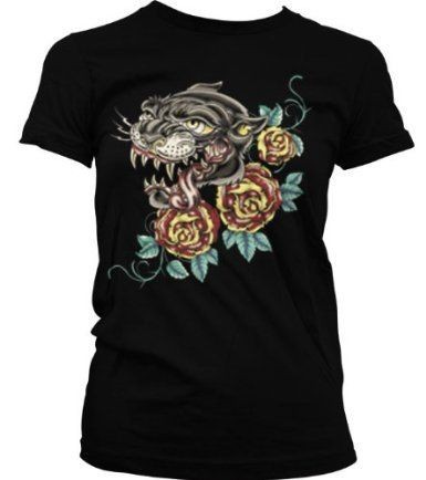 Panther And Roses Juniors Girls T shirt Black Tattoo Cats Teeth Fangs 