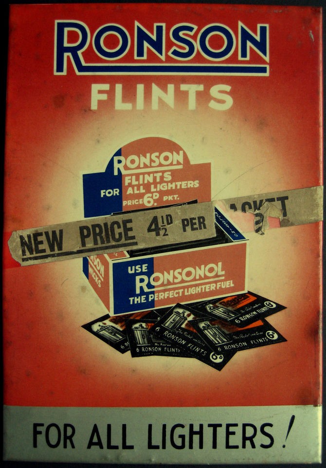 Vintage Old Ronson Flints & Ronsonol Advertising Laminated Showcard