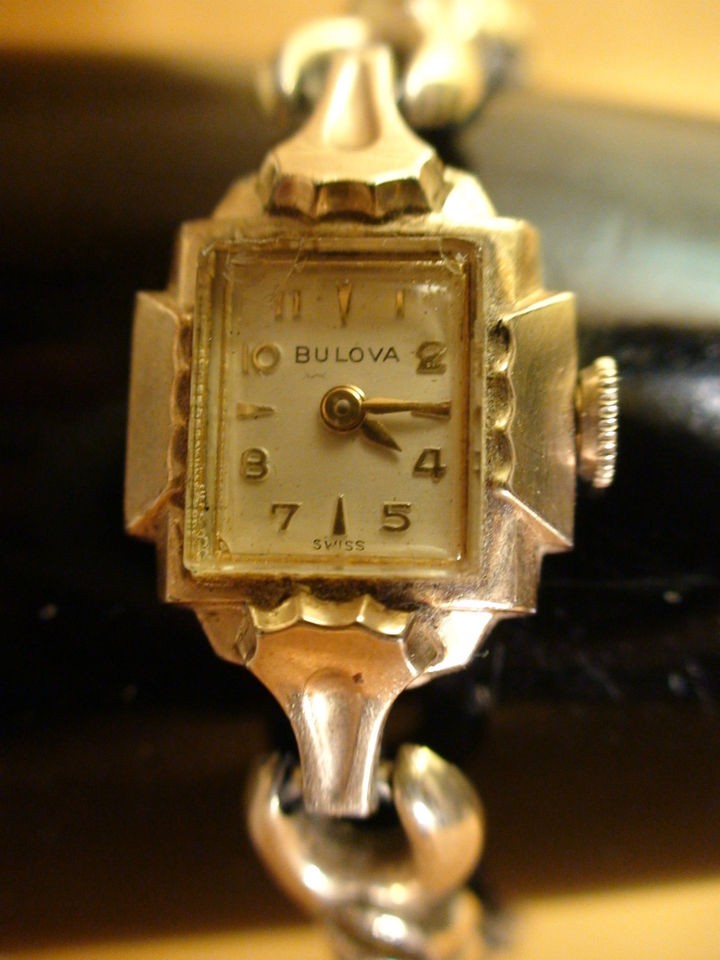 Antique 1956 BULOVA SWISS VINTAGE LADIES WATCH 10K GOLD RGP Jeweled on ...