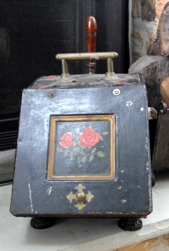 1880 antique TOLE PAINT COAL SCUTTLE w/SHOVEL hod ROSES