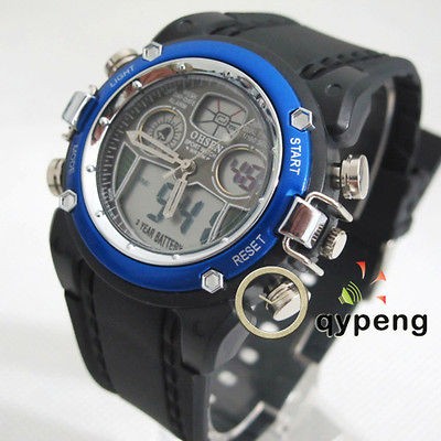   Blue Digital Analog Alarm Stop Black Strap Cool Mens Sport Watches