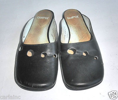 Camper Black Leather Flats Slides Mules Sz 6 Made In Spain Lightly 