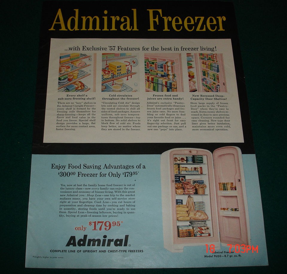 1957 ad Admiral Freezer $179.95 Upright & Chest Living