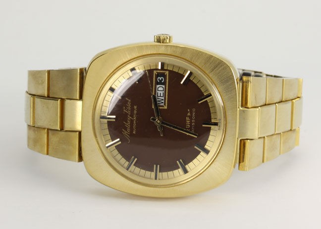 VINTAGE MATHEY TISSOT AUTOMATIQUE UHF MATISSONIC GOLD TONE WATCH + BOX 