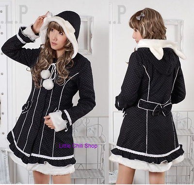   PUNK Kera White Dots STRIPED CAT EAR Hoodie Coat JACKET 81039 Black M