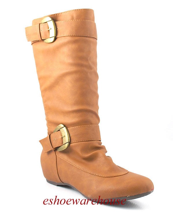 Cognac Tan Leatherette Cutie Ruched Slightly Slouch Comfy Flat Knee 