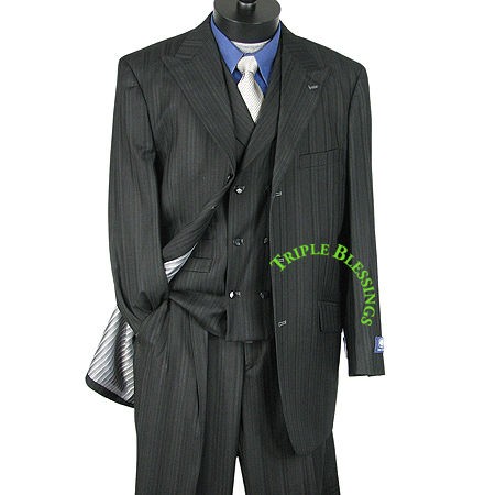 33 SHARP 3pc MEN WIDE LEG STRIPES WOOL FEEL ZOOT SUIT NAVY 38R 62L 