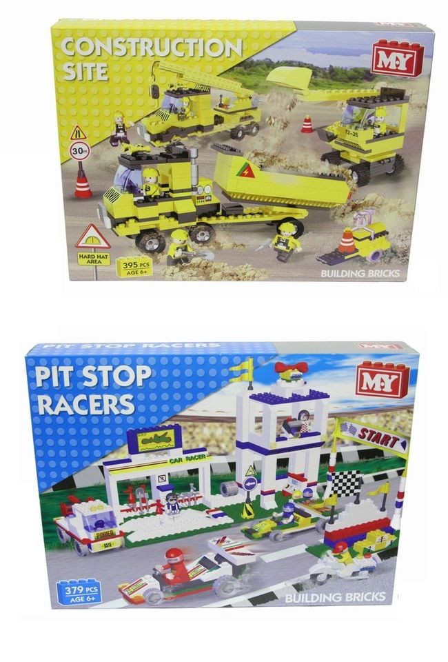 395PC CONSTRUCTION SITE BUILDING BLOCK/PIT STOP RACING SET 6 