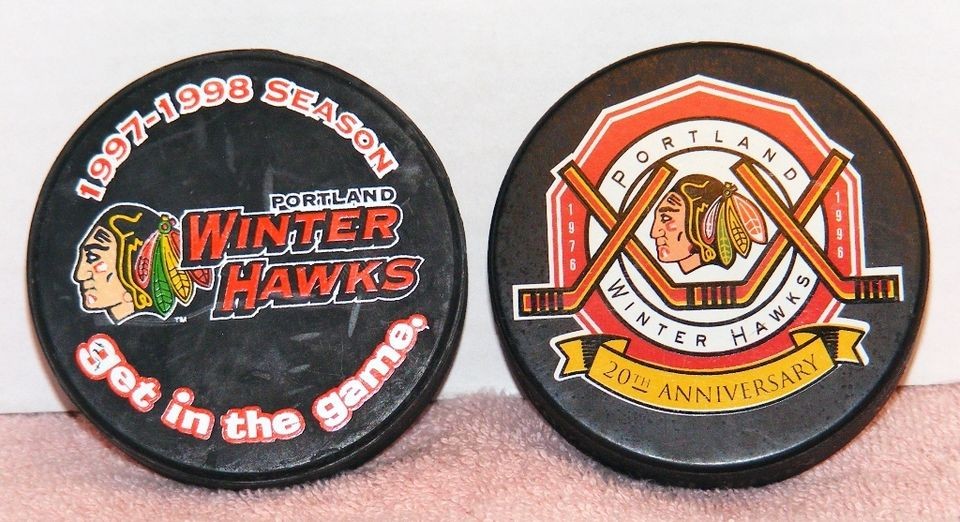 LOT OF 2 WHL PORTLAND WINTER HAWKS 20TH ANNIVERSARY HOCKEY PUCKS