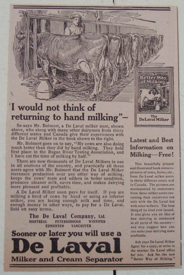 1922 DE LAVAL CREAM DELAVAL CANADA AD MILK DAIRY FARM MILKER MILKING 