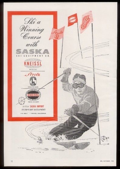 1955 Kneissl skis Strolz ski boots skiier art Saska Imports Malibu CA 