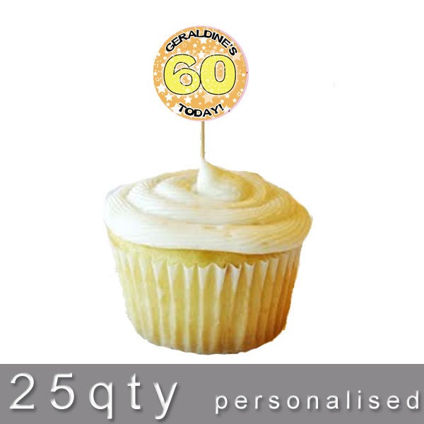 24 Personalised Cup cake Toppings or 25 Star Yellow Birthday any 