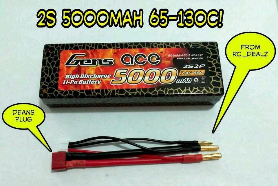 GENS ACE 2S 7.4V 5000MAH 65 130C HARDCASE LIPO BATTERY SC10 **FREE 