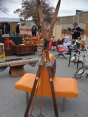 Antique vintage wooden skis w poles made in Norway