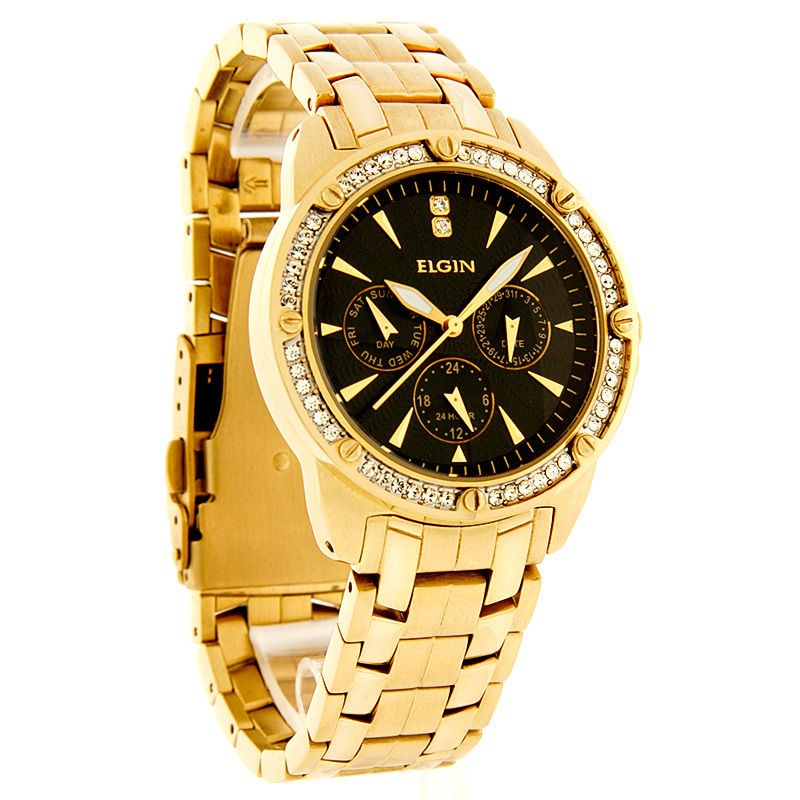 Elgin Crystal Mens Black Multi Function Dial Gold Tone Dress Watch 