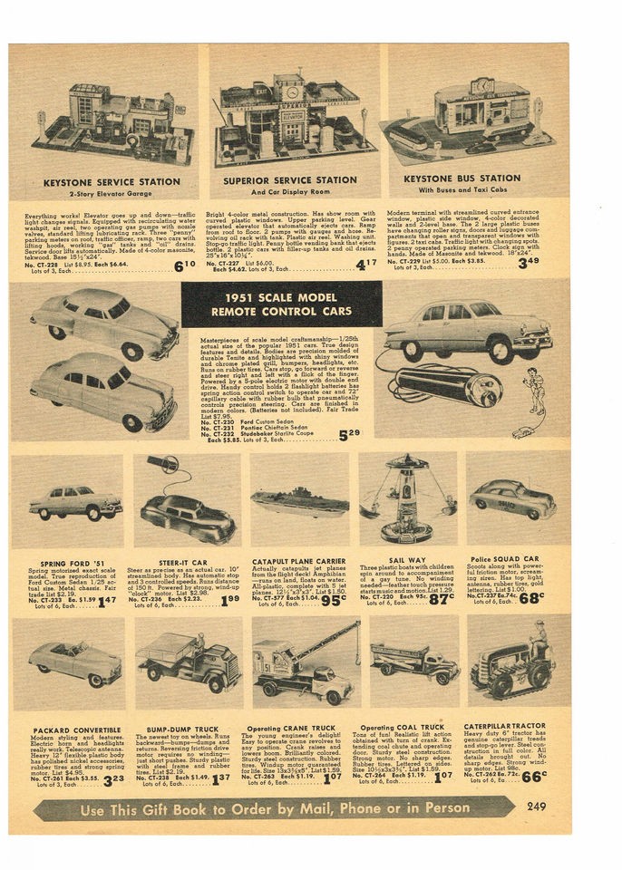 1951 AD REMOTE CONTROL CARS. SERVICE STATIONS, TRACTOR, CRANE TRUCK 