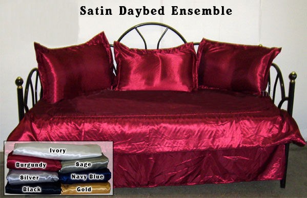 Burgundy Satin Twin Daybed 5 piece Cover Set Ensemble with 3 Pillow 